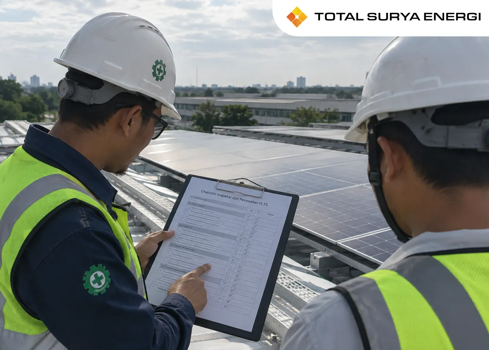 Kontraktor PLTS memeriksa panel surya di atap pabrik dengan helm dan tali pengaman sambil membawa daftar periksa