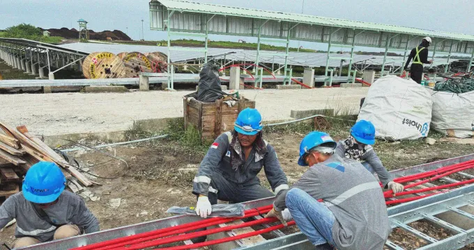 Pemasangan tray kabel di lokasi PLTS ground-mounted Riau Andalan Pulp & Paper